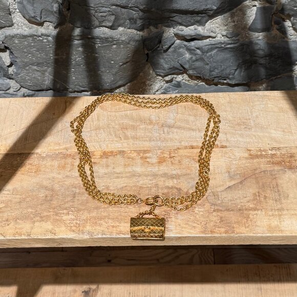 Chanel Vintage Gold Plated Bag Charm Triple Chains Necklace Belt - Picture 9 of 16
